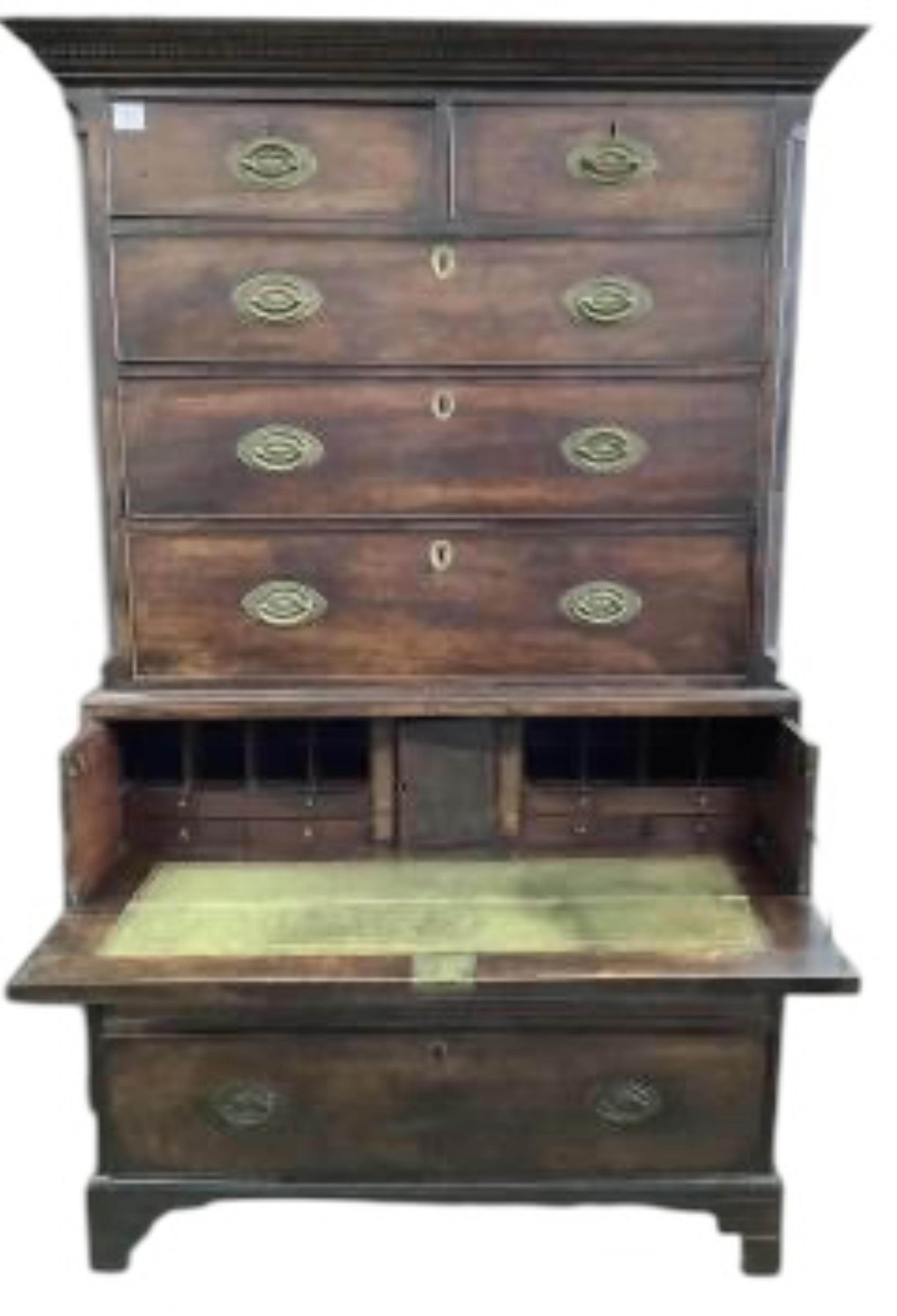 A George III mahogany secretaire chest on chest, width 117cm, depth 56cm, height 188cm